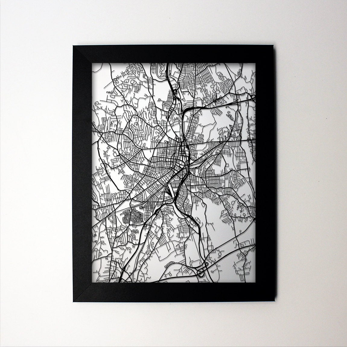 Worcester Massachusetts framed laser cut map - CarbonLight