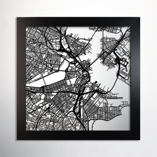 Boston, MA square frame laser cut map - CarbonLight
