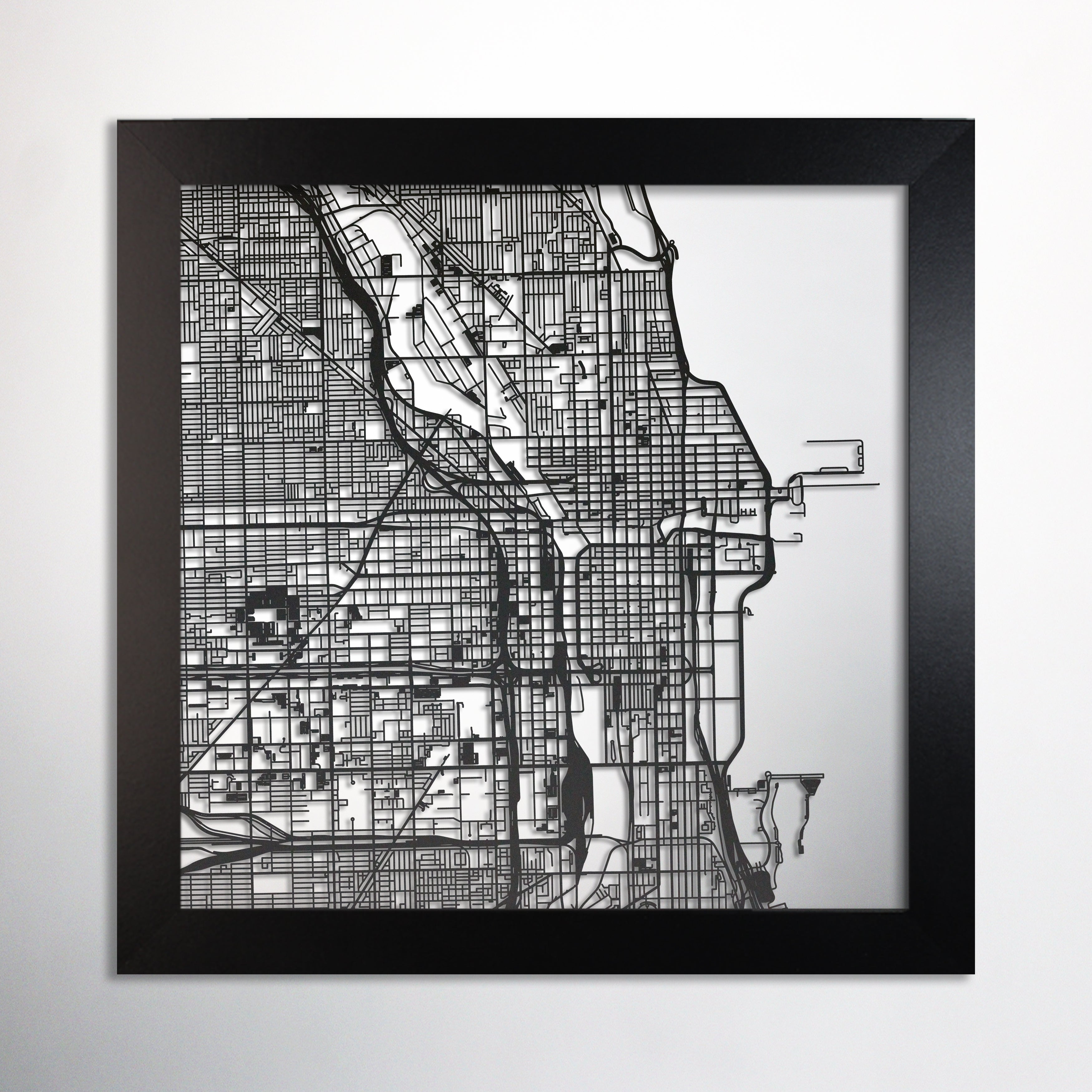 Chicago IL square framed laser cut map – CarbonLight Laser Cut Maps