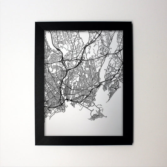 Bridgeport Connecticut framed laser cut map - CarbonLight