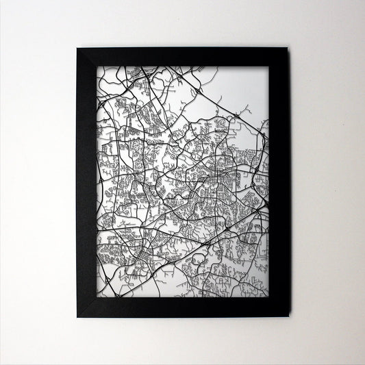 Cary North Carolina framed laser cut map - CarbonLight