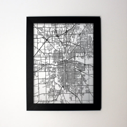 Fort Wayne Indiana framed laser cut map - CarbonLight