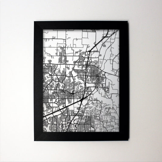 McKinney Texas framed laser cut map - CarbonLight