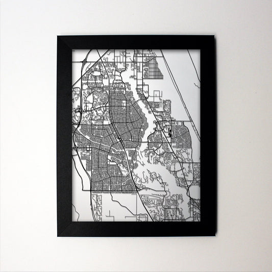 Port St Lucie Florida framed laser cut map - CarbonLight