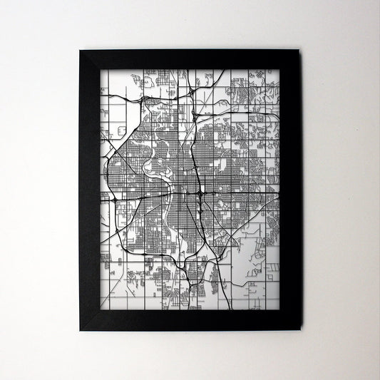 Witchita Kansas framed laser cut map - CarbonLight